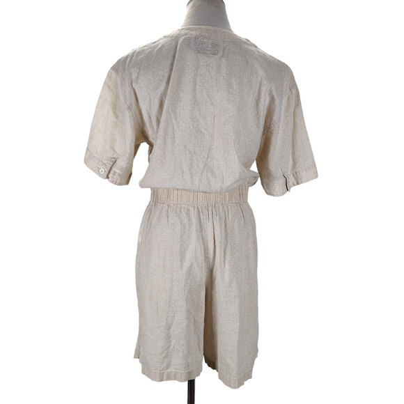 Vintage 90s Linen Blend Romper Size S Beige Micro Dot Short Sleeve Pockets - Picture 3 of 15
